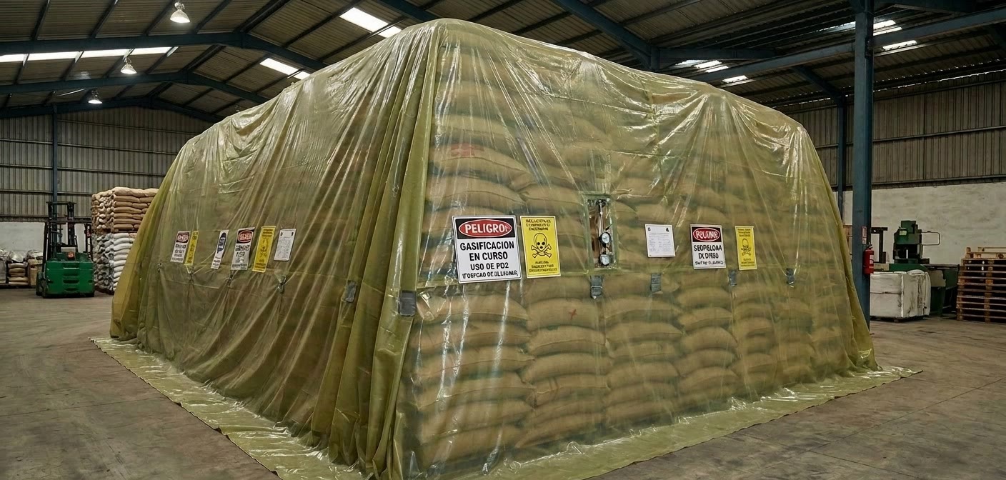 Carpa de gasificación montada sobre estiba de sacos
